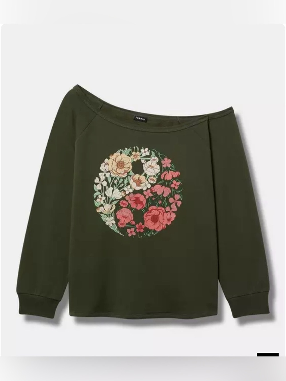 torrid Olive Green off shoulder Floral Yin Yang Sweatshirt